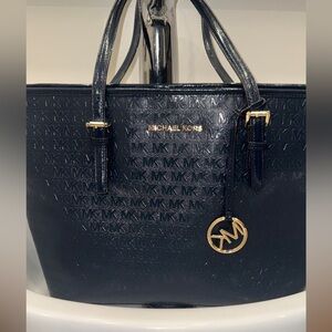 Michael Kors Jet Set Travel Tote – Navy Embossed MK Logo – Gold Hardware